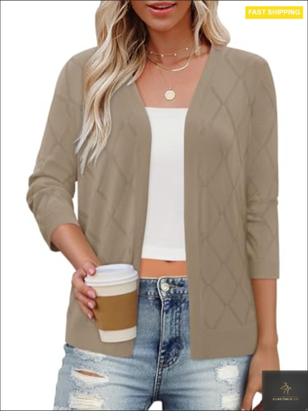 Lightweight 3/4 Sleeve Knit Cardigan Open Front V Neck Casual Sweater Cover Up - Picture 4 of 7